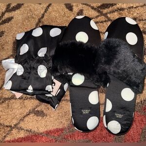 Victoria's Secret Black/White Polka Dot Satin Slippers w/ Faux Fur- Size 7/8 NWT